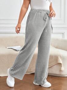 SHEIN Frenchy Pantalones De Canalé Con Cintura Con Cordón Para Mujer Talla Grande - Gris - Ver 4