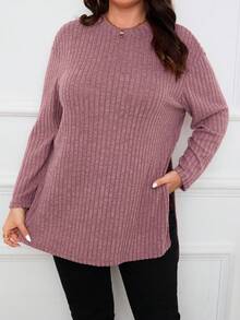 SHEIN Frenchy 大尺碼純色長袖t恤,配有分裂式下擺 - 藕粉色 - 查看 4