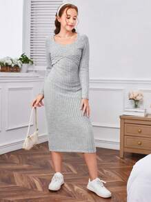 SHEIN 少女們的針織模糊紋理剪裁前交叉連身裙 - 灰色 - 查看 4