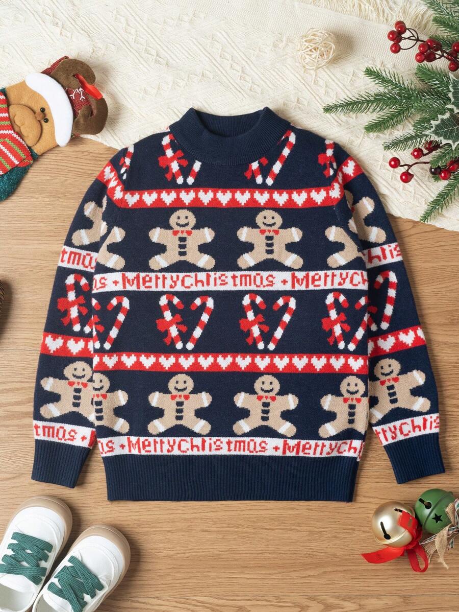 SHEIN Suéter Con Patrón Del Hombre De Jengibre De Navidad Y Bastón De Caramelo Para Niña Pequeña - Azul Marino - Ver 1