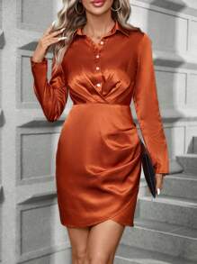 SHEIN Clasi Women's Solid Color Long Sleeve Wrap Overlap Dress - Orange - View 5
