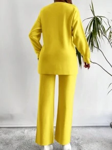 EURMUSE 女款純色落肩毛衣針織褲套裝 - 芥末黃 - 查看 2