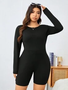 SHEIN EZwear Ladies' Solid Color Round Neck Long Sleeve Backless Jumpsuit Jumpsuit - Black - View 3