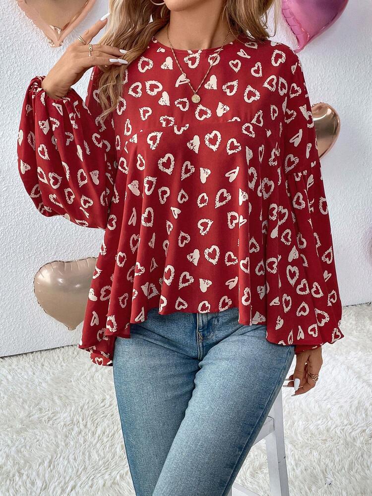 Women's Heart Print Ruffle Hem Blouse