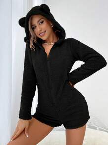 Women's Cartoon Ear Design Plush Romper For Home Wear - Black - View 3