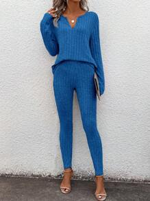 SHEIN LUNE 女款純色缺角領落肩t卹+緊身褲兩件套