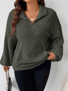 SHEIN Frenchy 大尺碼女式翻領毛絨羊毛運動衫 - 棕色 - 查看 4