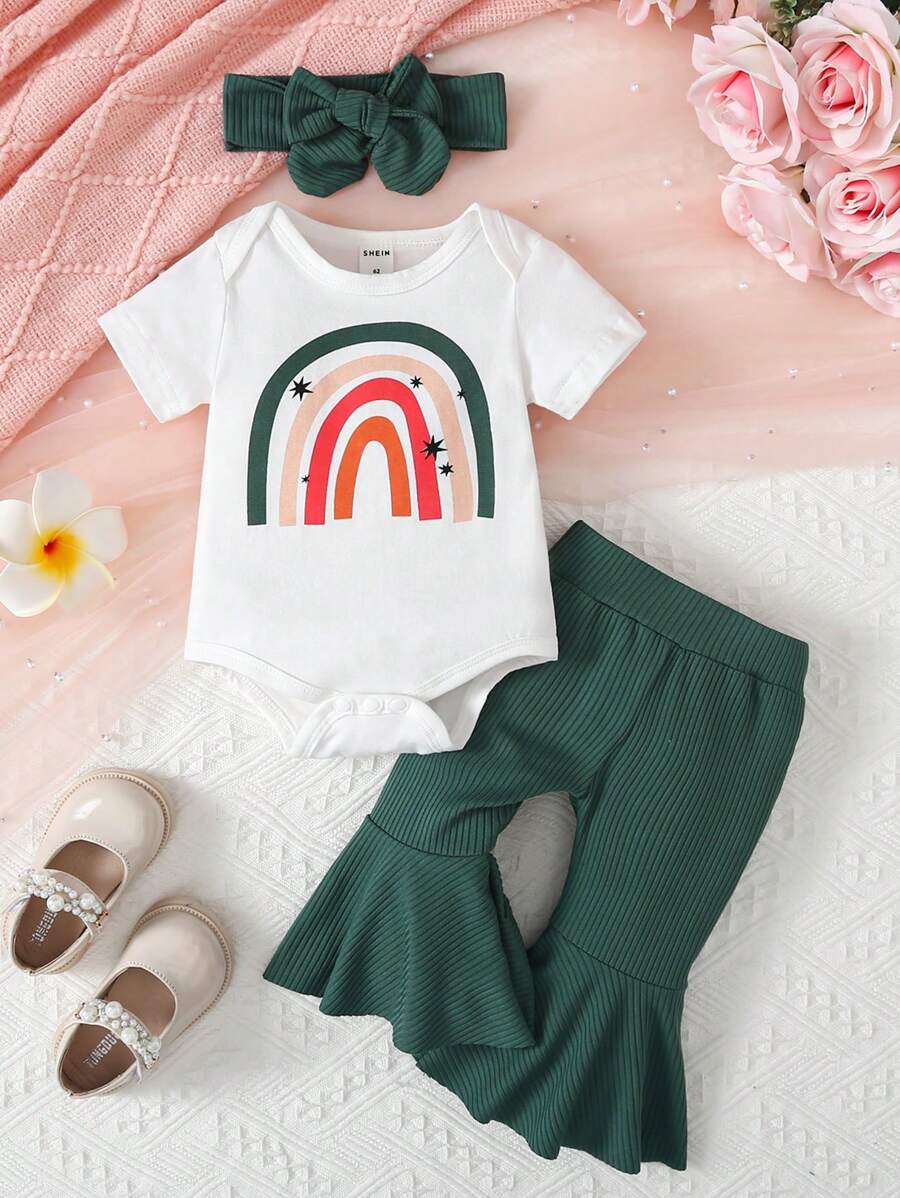 SHEIN Baby Girl Rainbow Print And Flare Pants With Headband Set