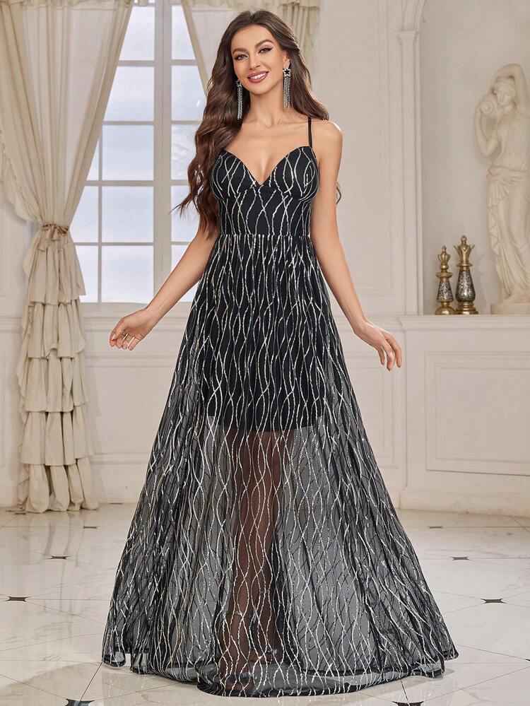 Women's Sequin Spaghetti Strap Bustier Formal Evening Dress
