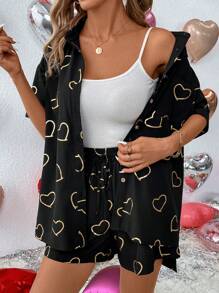 SHEIN LUNE Women's Heart Pattern Shirt And Drawstring Shorts Two-piece Set - Black - View 4