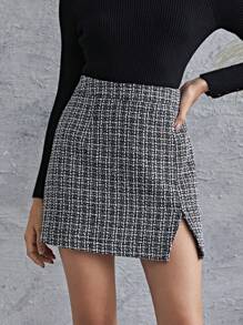 SHEIN Frenchy High Waist Plaid Pattern Split Hem Skirt - Grey - View 1