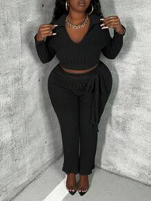 Slaydiva 女款大尺寸 V 領羅紋 T 卹搭配腰帶寬褲 2 件/套 - 黑色 - 查看 6