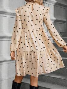 SHEIN Privé Heart-shaped Pattern Lantern Sleeve Dress - Apricot - View 2