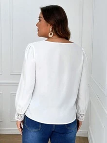 SHEIN Franclia Áo sơ mi tay phồng cổ bất đối xứng cỡ lớn - trắng - Xem 2
