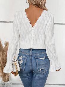 SHEIN LUNE 女士優雅蕾絲拼接喇叭袖襯衫 - 白色 - 查看 1