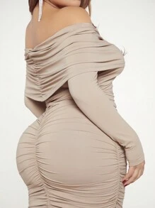 SHEIN SXY Plus skin&high-elastic Cold Shoulder Ruched Bodycon Dress - Khaki - View 1