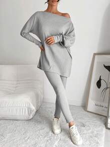EURMUSE Women's Asymmetrical Shoulder Ribbed Top And Pants Two Pieces Set - Grey - View 5