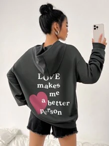 SHEIN EZwear Women's Hooded Sweatshirt With Slogan Print And Drawstring - Dark Grey - View 1