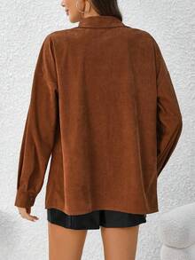 SHEIN LUNE 女式珍珠裝飾胸前口袋鈕扣襯衫 - 棕色 - 查看 2