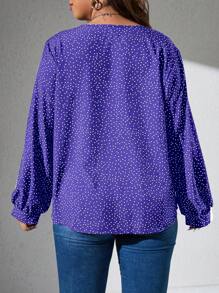 Calvaya Plus Polka Dot Print Lantern Sleeve Blouse - Purple - View 2
