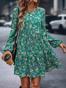 SHEIN Clasi Floral Printed Lantern Sleeve Babydoll Dress - Multicolor - View 3