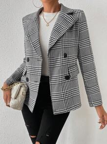 SHEIN Essnce Plaid Notched Collar Double Breasted Blazer - Black and White - View 4
