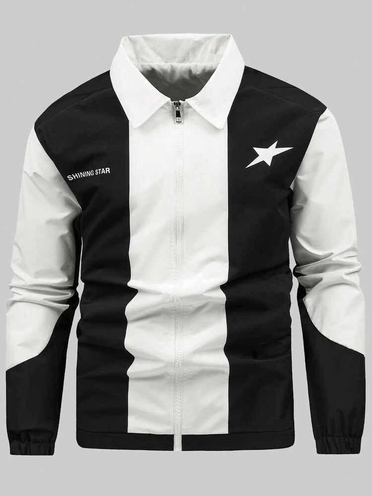 Loose Fit Men's Star Print Color Block Jacket