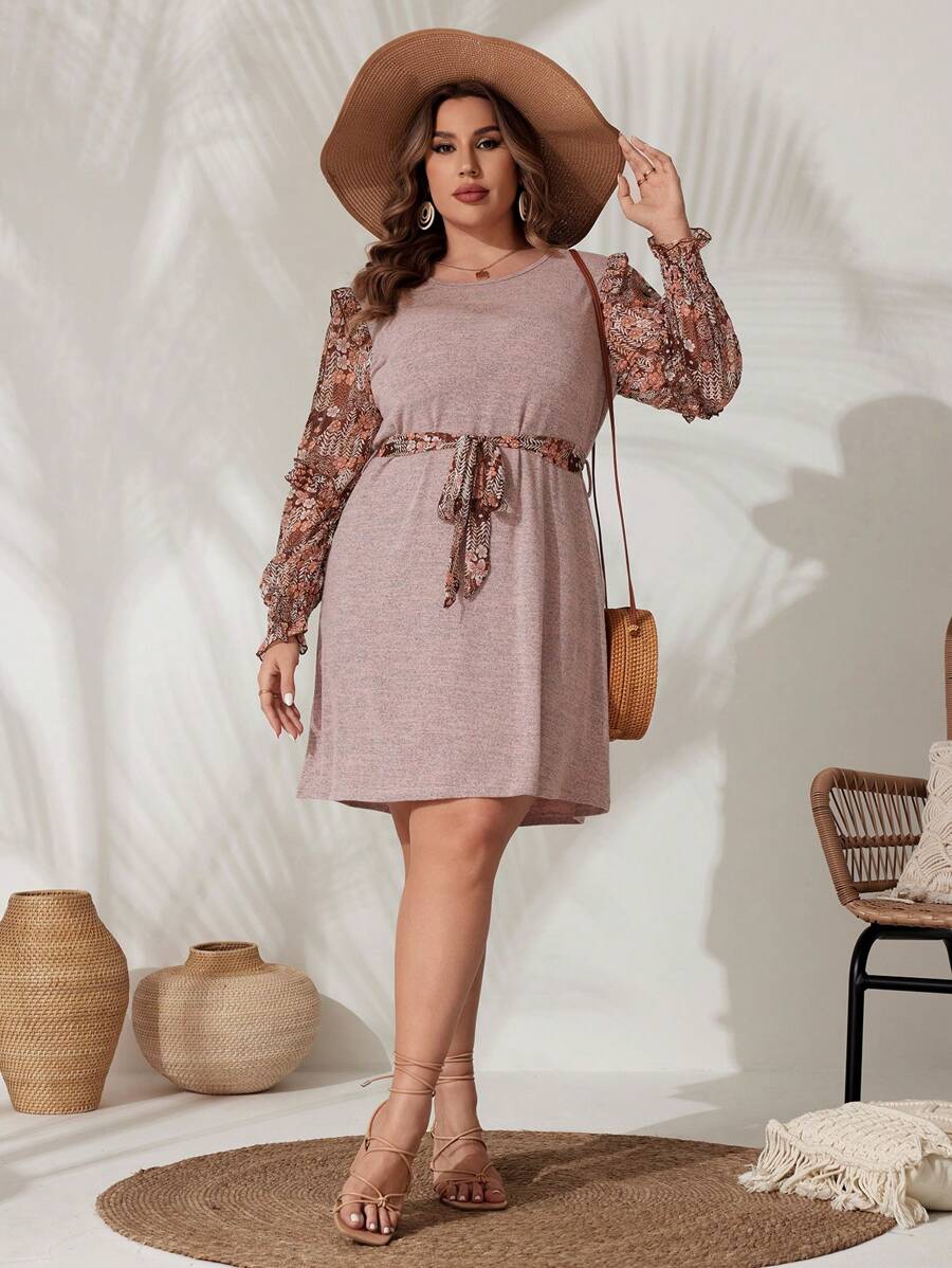 SHEIN VCAY Vestido De Manga Larga De Talla Grande Con Parches De Flores - Multicolor - Ver 1