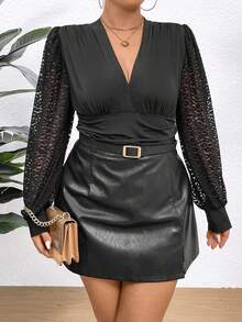 Celure 大尺碼女士蕾絲燈籠袖連身衣 - 黑色 - 查看 6