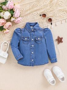 SHEIN Camisa Vaquera Con Mangas Abullonadas Y Botones Delanteros Para Bebé Niña - Azul lavado medio - Ver 1