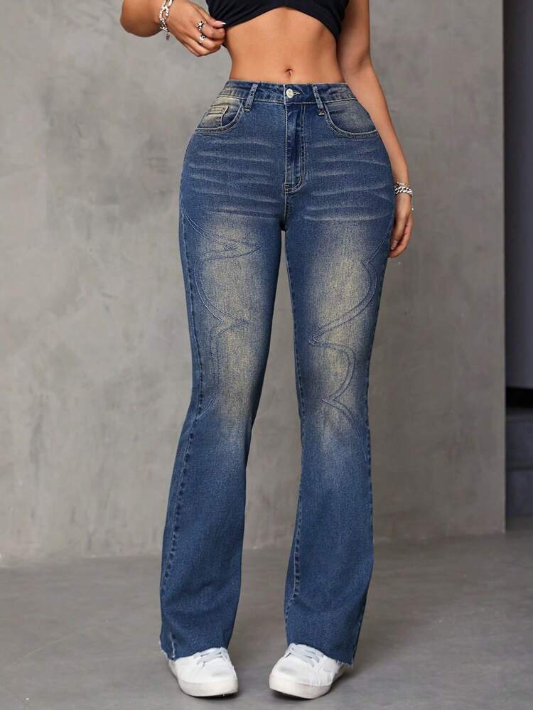 Embroidered Vintage Washed Flare Jeans
