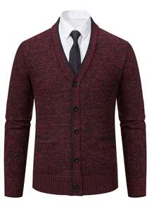 Men's Knitted Cardigan, Thermal Lined, Thick Casual Warm Full Zip Sweater Jacket With Pockets - Burgundy - View 2