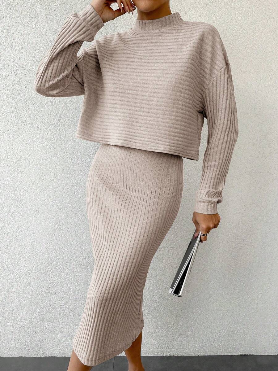 Women's Set Of Stand Collar Ribbed Drop Shoulder T-Shirt And Skirt - Apricot - View 1