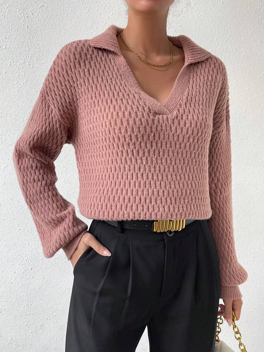 Chiquease 纯色落肩针织套头衫秋冬毛衣 - 藕粉色 - 查看 1