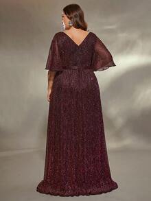V-Neck Flare Sleeve Chest Pleated Shimmery Sequin A-Line Maxi Dress - Red Violet - View 2