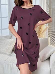 Women's Heart Printed Short Sleeve Pajama Night Dress