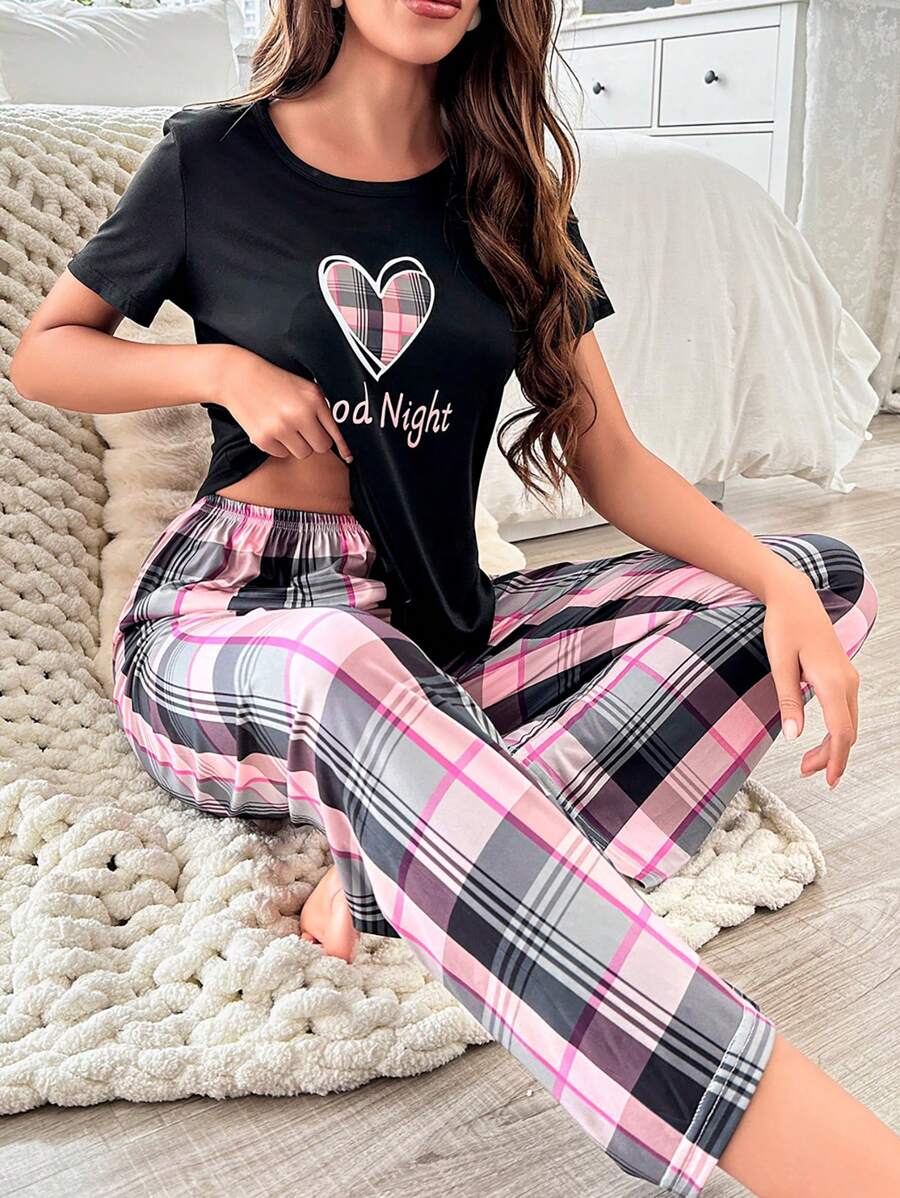 Heart & Letter Print T-shirt Checked Pants Pajama Set - Multicolor - View 1