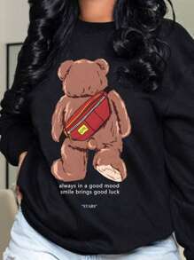 SHEIN LUNE Plus Size Sweatshirt With Teddy Bear And Slogan Print - Black - View 3