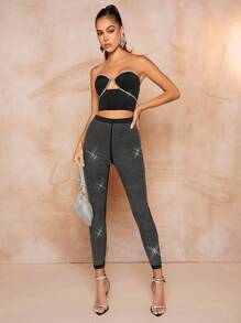 SHEIN BAE Của phụ nữ Pha lê Eo cao Xà cạp Quần - màu đen - Xem 3