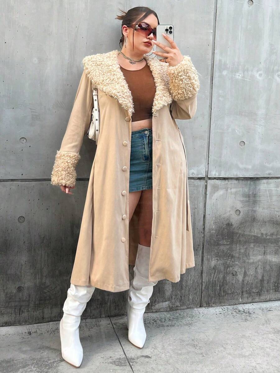 Flirla Manteau Pour Femmes De Grande Taille Avec Col, Design ?? Simple Boutonnage Et Ceinture ?? 