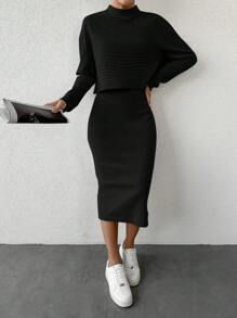 Women's Stand Collar Ribbed Top And Skirt Set