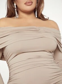 SHEIN SXY Plus skin&high-elastic Cold Shoulder Ruched Bodycon Dress - Khaki - View 6