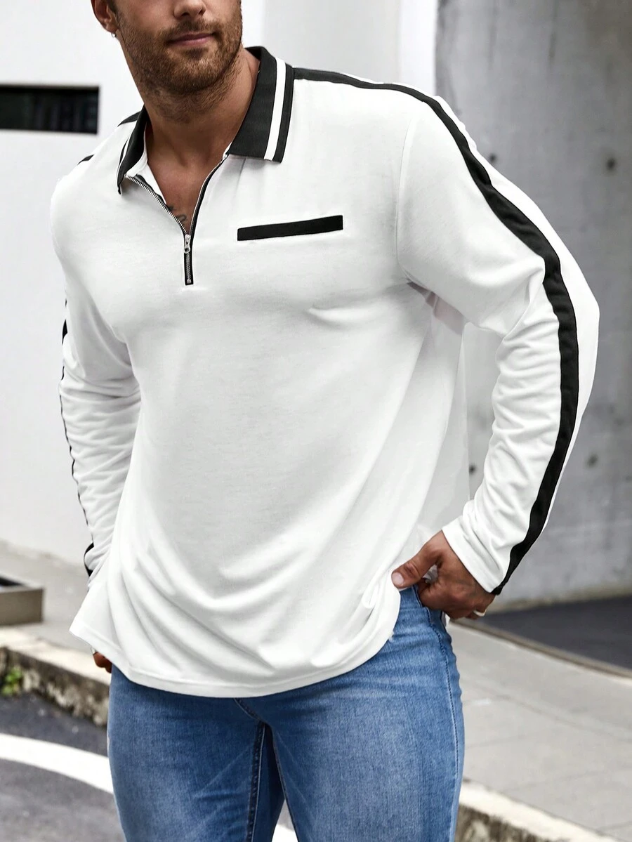 Manfinity Homme Men's Plus Size Striped Polo Shirt - White - View 1