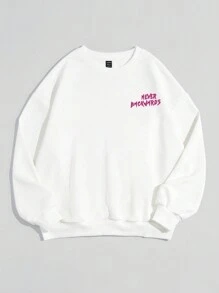 SHEIN EZwear 女性休閒口號印花寬鬆圓領厚款運動衫，秋冬季節款 - 白色 - 查看 2