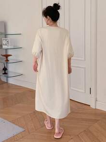 DAZY Women's Bow Decorated Contrast Color Collar Home Dress - Beige - View 2