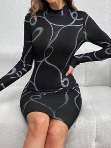 SHEIN Privé Women's Colorblock Stand Collar Long Sleeve Dress - Black - View 3