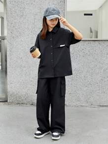 SHEIN Leap Crew Tween Girls' Loose Fit Casual Drop Shoulder Shirt And Pants Set - Black - View 5