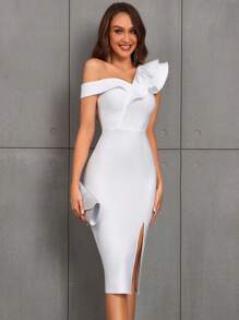 Ruffle Asymmetric Neckline Slit Mid-Length Bandage Bodycon Dress, Suitable For Valentine's Day Party, Wedding Guest, Cocktail Event - White - View 5