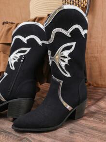 Styleloop Botas para mujer hasta media pantorrilla con costura de colores en contraste, botas americanas hasta media pantorrilla, botas vaqueras para mujer - Negro - Ver 5