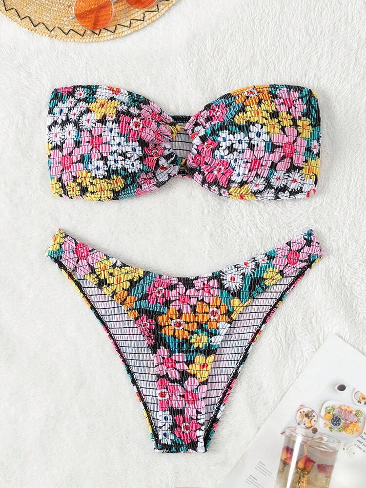 Summer Random Floral Print Ring Decor Bandeau Bikini Set